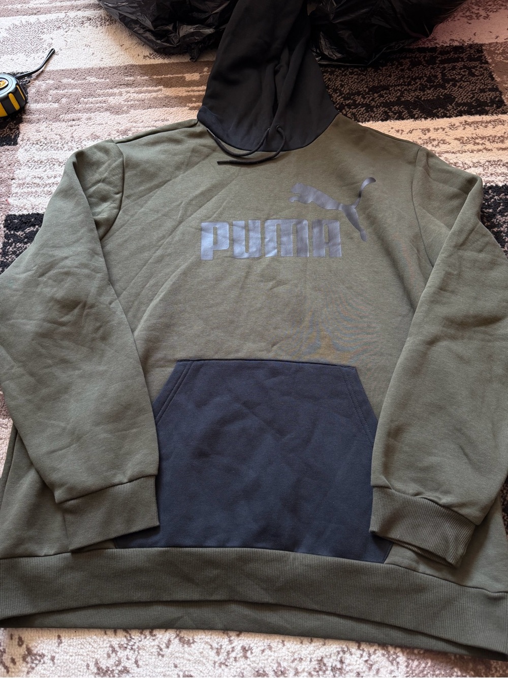 Puma Men's Olive Green Hoodie with Black Hood and Pocket